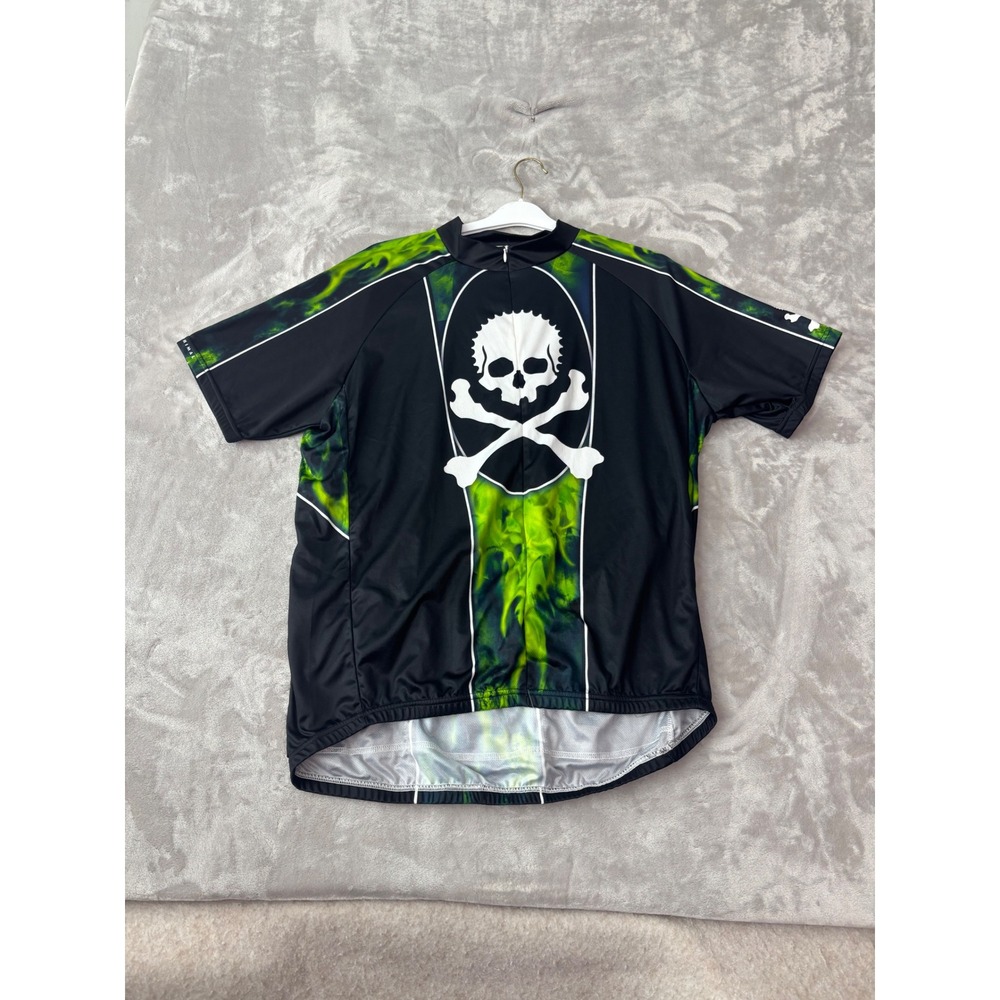 Primal Wear Mens XXL Cycling Jersey Black Green Skull Crossbones Flames Graphic